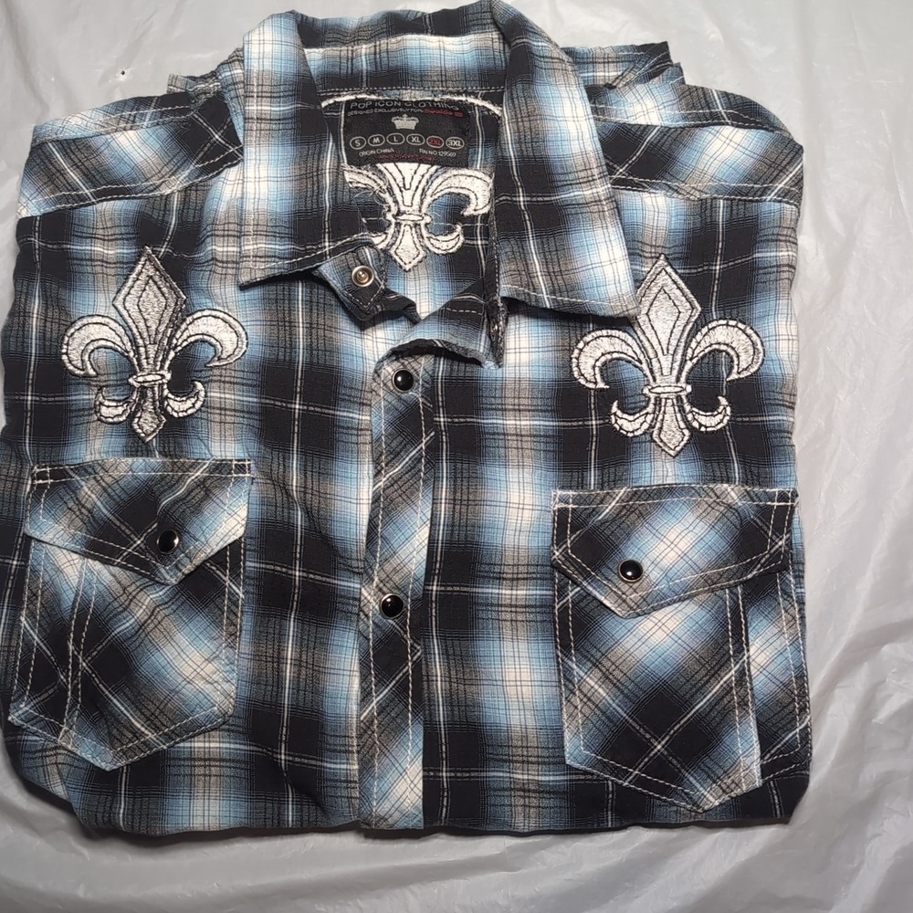 Pop Icon Pearl Snap Womens Short Sleeve Shirt 2XL Blue Black Plaid Embroidered